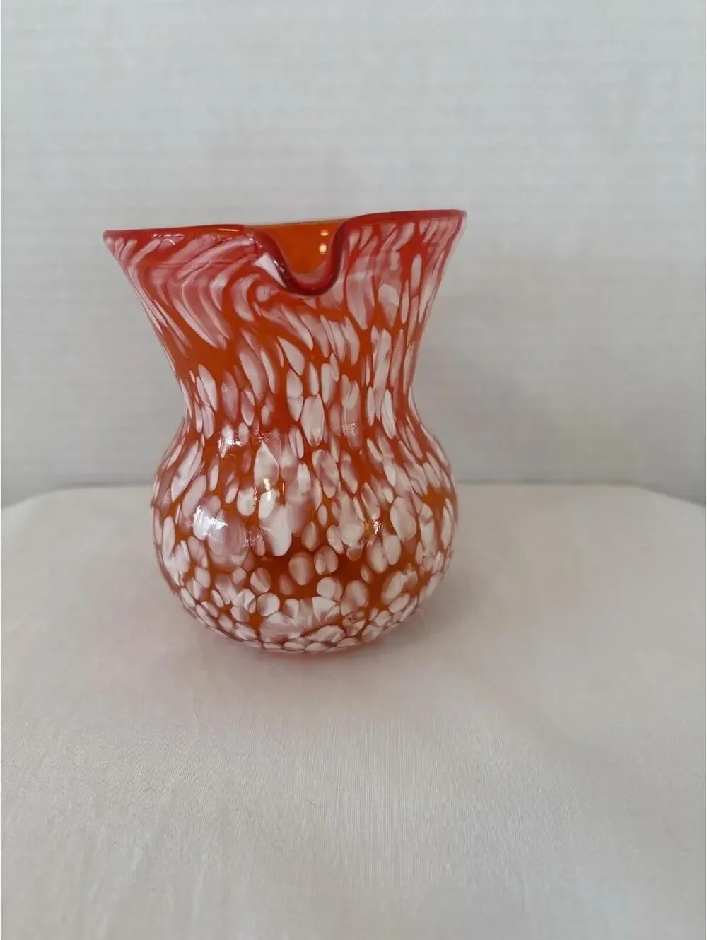 Vintage Hand Blown Rainbow Art Glass Pitcher Small Orange White & Yelllow